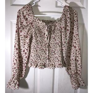 Yinuo Blouse Cropped Cottagecore Floral Glitter Smocked Ruffle Sleeves Size S/M